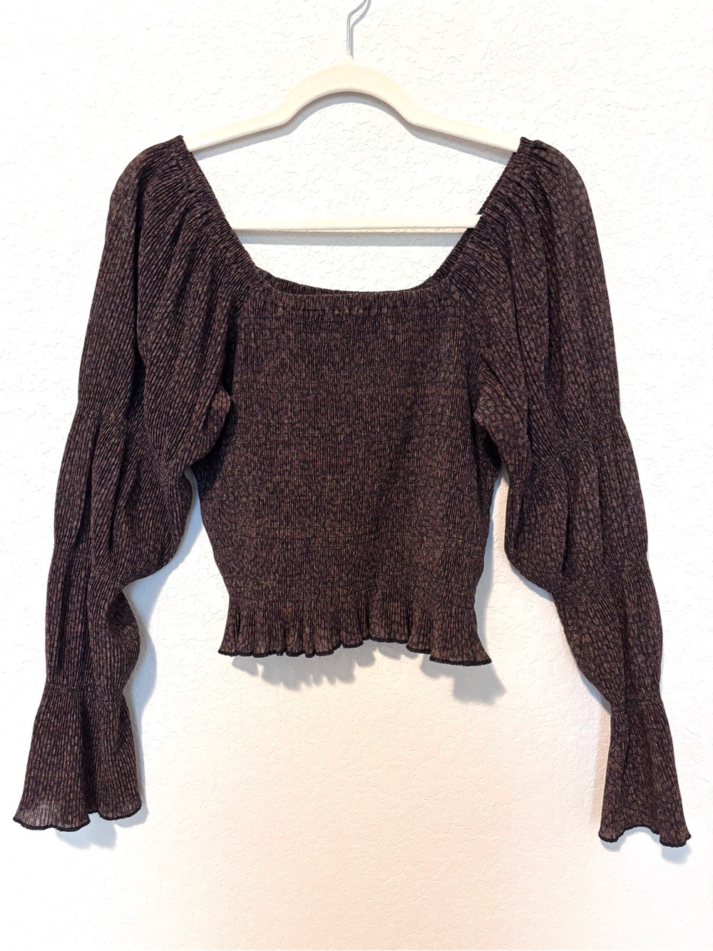 Anthropologie Brown Shimmer Smocked Puff Sleeve Top Women’s Medium Whimsigoth - Picture 2 of 10